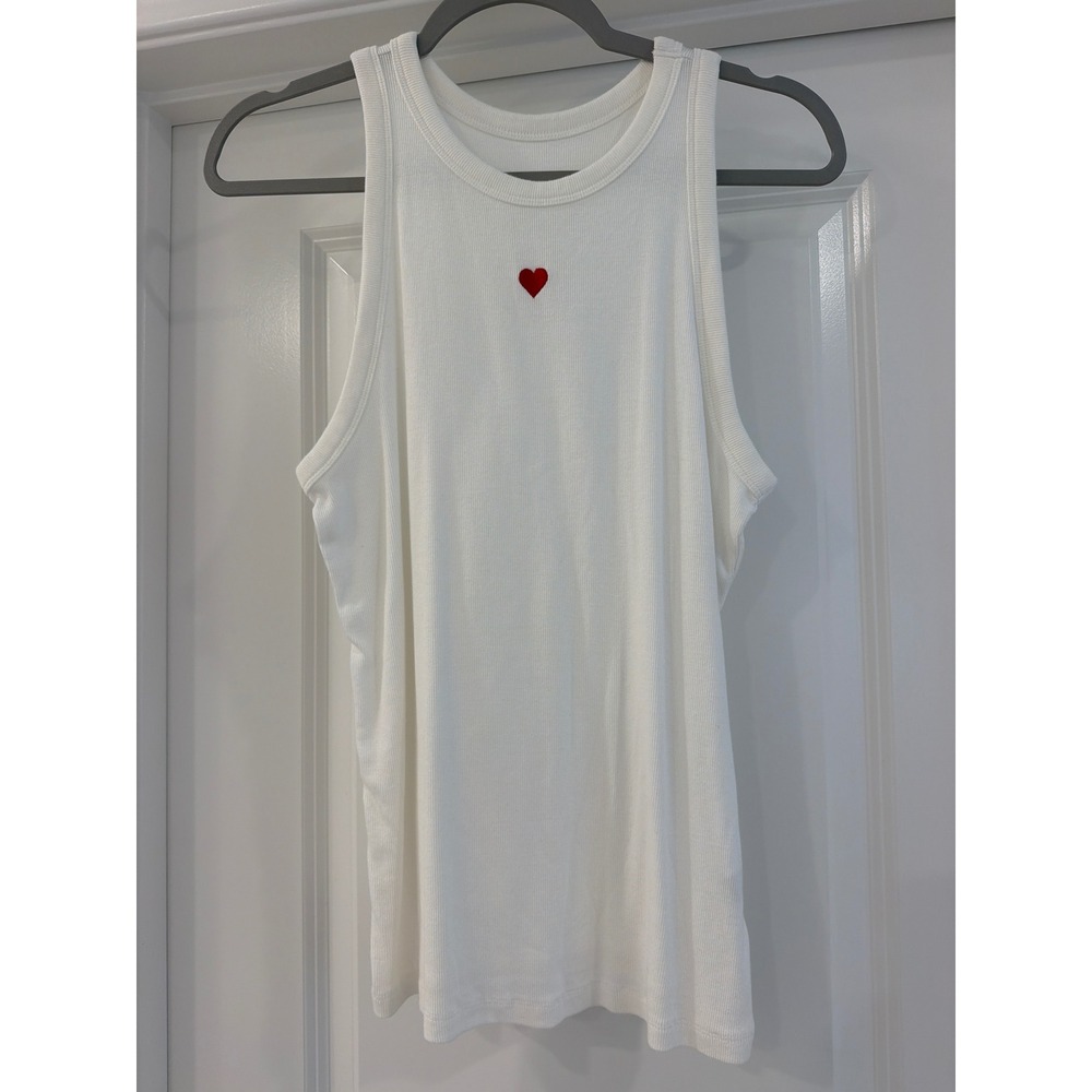 A New Day Ribbed Tank Top Women XL White Embroidered Heart Cotton Modal Stretch